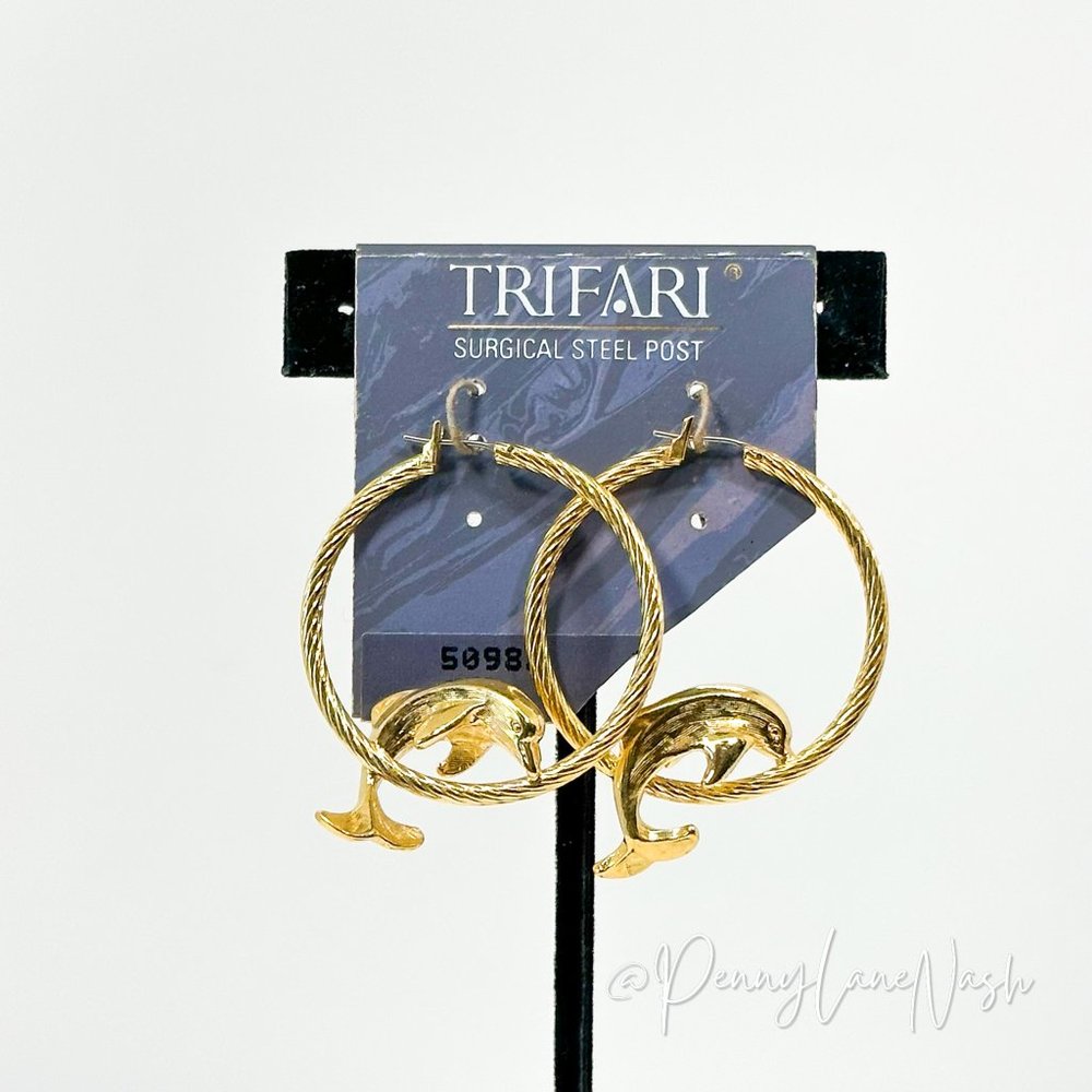 Trifari Gold Rope with Dolphins Hoop Earrings - Picture 1 of 9